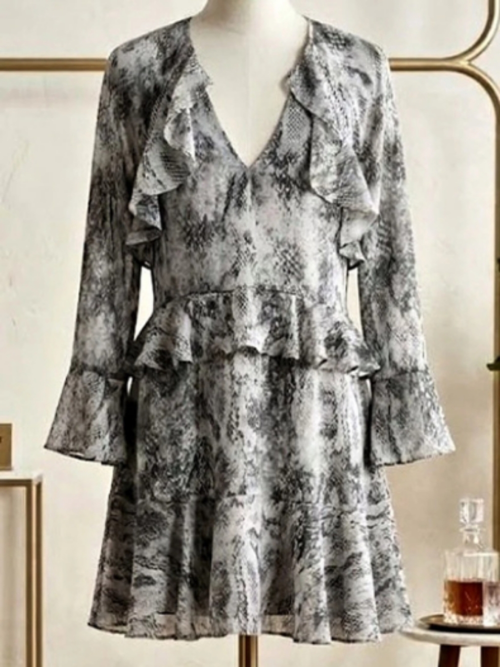 Ever New Ruffle Mini Dress in Grey & White (Sz 4) Animal Print Fall Capsule